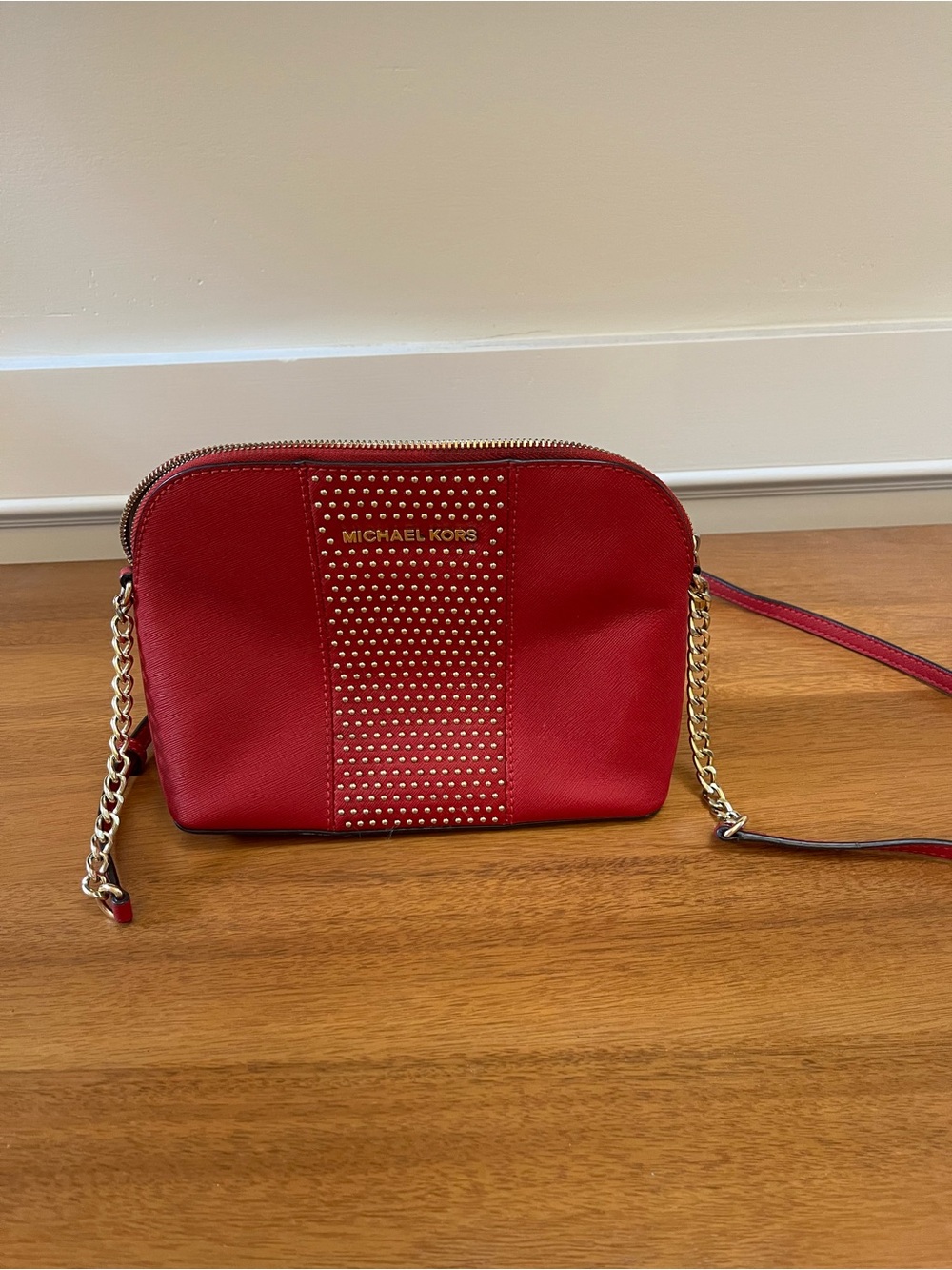 MICHAEL KORS Red Studded Chain-Accent Crossbody